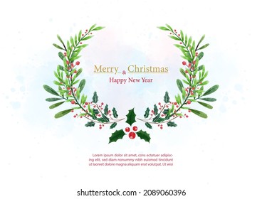 Christmas holly and berries branches in watercolors style with Christmas wording, example texts on watercolors background. Christmas greeting card in vector and watercolors style