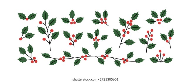 Coleção de elementos de Natal Holly Berries. Folhas de azevinho. Decoração de inverno 