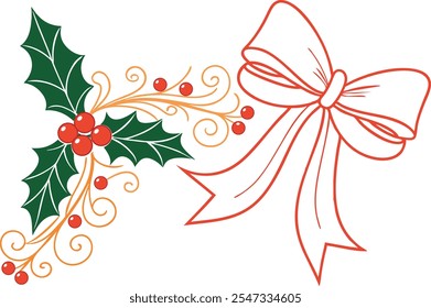 Christmas Holly Berries Festive Bow Design Decor Illustration