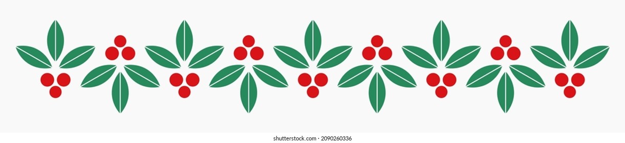 Christmas holly berries flat pattern border. Vector illustration.