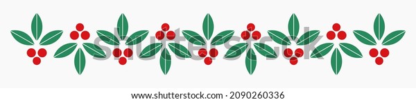 Christmas holly berries flat pattern\
border. Vector\
illustration.