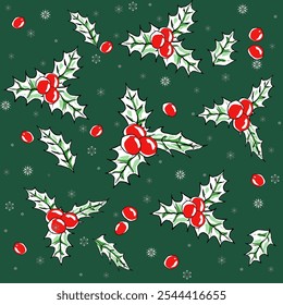 Christmas holly berries pattern leaf green background 