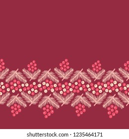 Christmas holly berries with pine branch ornate seamless border pattern for greeting cards, wrapping papers etc.