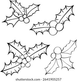 Christmas Holly Berries Plant black and white composition isolated. Vector graphic line ink illustration. Mistletoe With Small Plant Behind For Decoration. For logo, web, package, sticker.

