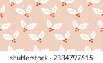 Christmas holly berries seamless pattern for gift wrapping paper, festive design, traditional background. Flat modern vector texture.