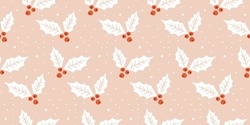 Christmas Holly Berries Seamless Pattern For Gift Wrapping Paper, Festive Design, Traditional Background. Flat Modern Vector Texture.