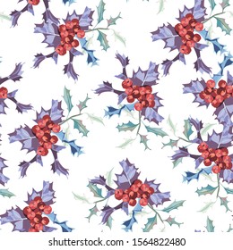Christmas holly berries seamless pattern illustration. Watercolor style.