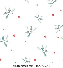 Christmas holly berries seamless pattern illustration. Watercolor style. White background.