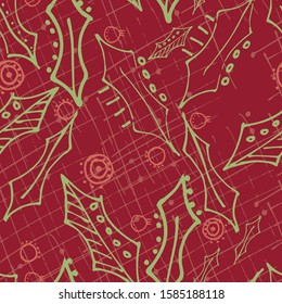 Christmas holly and berries seamless pattern illustration, vector surface pattern design