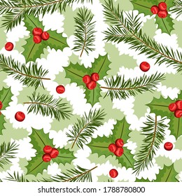 Las bayas grises de navidad son una perfecta ilustración del patrón y una rama de pino sobre fondo blanco. Fondo vectorial para tela, papel envolvente y tarjeta de felicitación.