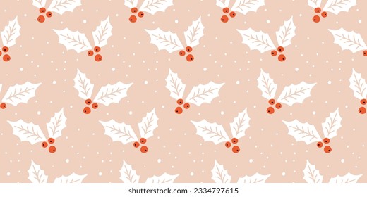 Christmas holly berries seamless pattern for gift wrapping paper, festive design, traditional background. Flat modern vector texture.