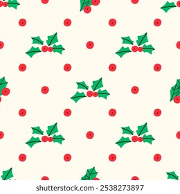 Christmas holly berries seamless pattern for gift wrapping paper, festive design, traditional background. Flat modern vector texture.