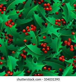 Christmas holly berries seamless pattern. Traditional Christmas decoration. Boundless background can be used for web page backgrounds, wallpapers, wrapping papers, invitation and congratulations.