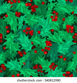 Christmas holly berries seamless pattern. Cartoon holly leaves and berries decoration. Boundless background can be used for web page backgrounds, wrapping papers, invitation and congratulations. 