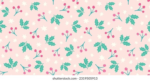 Borde de fondo de patrón vectorial de bayas y hojalas de Navidad. Repetición sin fisuras de follaje estacional dibujado a mano y estrellas en rosa y verde. 