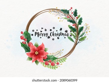 Christmas holly and berries wreath in watercolors style with Christmas wording, example texts on watercolors background. Christmas greeting card in vector and watercolors style