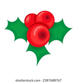 Christmas holly berries. Xmas red christmas berries with prickly leaves in cartoon style. Festive New Year vector icon isolated on white background for decoration of holiday design