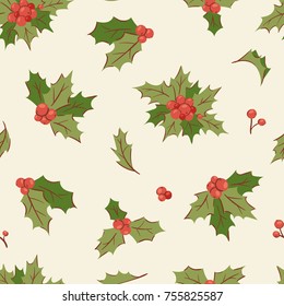 Christmas holly berry decoration vector leaves tree set, Xmas traditional Holly Berry symbol leaf icon branch illustration seamless pattern background.