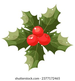 Christmas holly berry flat icon in cartoon style. Green leaves and red berries isolated on white background. Elements suitable for decorative Christmas festival, New year invitations, greeting cards.