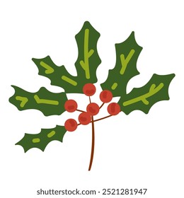 Christmas holly berry flat icon in cartoon style. Green leaves and red berries isolated on white background. Elements suitable for decorative Christmas festival, New year invitations, greeting cards