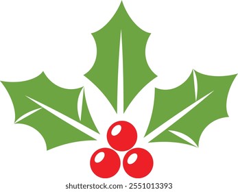 Christmas holly berry flat icon in cartoon style on white, stock illustration. Christmas Holly vector with green leaves and red berries.