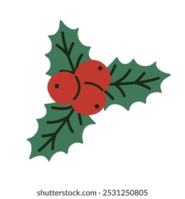 Christmas holly berry. Hand drawn cute cartoon illustration of holly with red berry. Flat vector Christmas plant sticker in colored doodle style. 