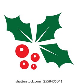 Christmas holly berry icon, minimalist design, green pointed leaves, red berries, festive icon, flat graphic, holiday symbol, clean lines, simple shapes, white background, vector illustration.