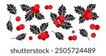 Christmas holly berry icon, mistletoe and leaf,  New Year ilex branch, xmas plant set isolated on white background. Holiday nature decoration, black and red colors. Cartoon vector illustration