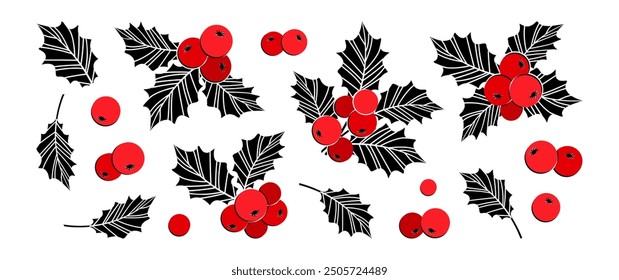 Christmas holly berry icon, mistletoe and leaf,  New Year ilex branch, xmas plant set isolated on white background. Holiday nature decoration, black and red colors. Cartoon vector illustration