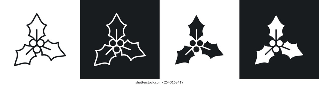 Christmas holly berry icon set. Vector symbols in black and white colors.