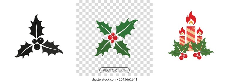 Christmas holly berry icon set. Candle icon in trendy flat style isolated on transparent background. Holly berry leaf vector art, seasonal decoration for invitations. vector illustration