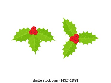 Christmas holly berry icon. Vector. Green mistletoe leaves in flat design. Holiday winter symbol isolated on white background in flat design. Cartoon colorful illustration