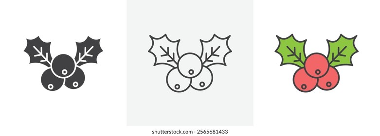 Christmas holly berry icons in black and colored versions