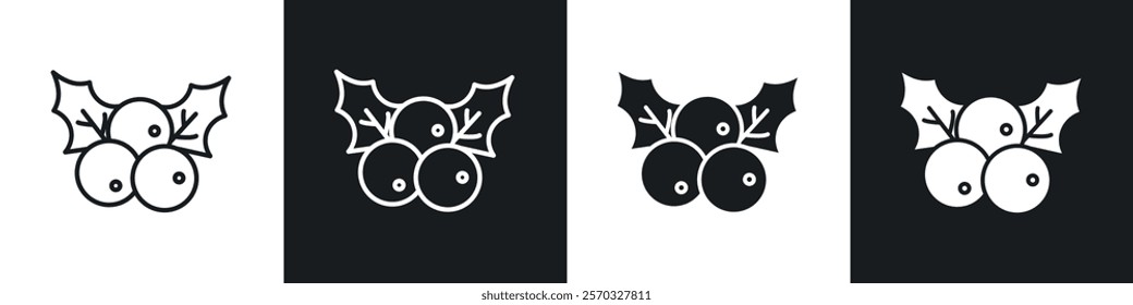 Christmas holly berry icons vectors set in black. line and flat versions