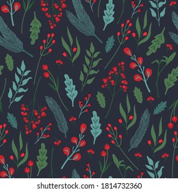 Christmas Holly berry, laurel leaves and spruce seamless pattern. Festive plants in flat cartoon style, rowan branches, traditional modern ornate for New Year, decoration on dark blue background.