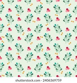 Christmas holly berry, leave with pattern on green background Endless seamless. Design for wrapping, wallpaper, fabric, interior, Vector.