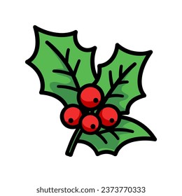 Christmas holly berry leaves. Cartoon Christmas icon. Hand drawn Christmas plant. Vector illustration. Christmas symbol