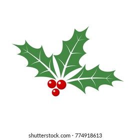 Christmas holly berry leaves isolated. Vector illustration. Traditional Christmas decoration in flat design.