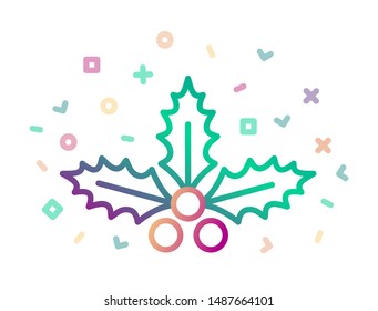 Christmas holly berry leaves surrounded by festive decor. Linear vector icon. Symbol of Christmas and New year