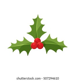 Christmas holly berry leaves, symbol of Merry Christmas and Happy New Year. Vector illustration isolated on white background.
