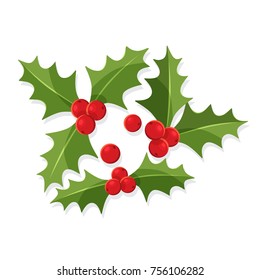 Christmas holly berry leaves, symbol of Merry Christmas and Happy New Year. Vector illustration isolated on white background.