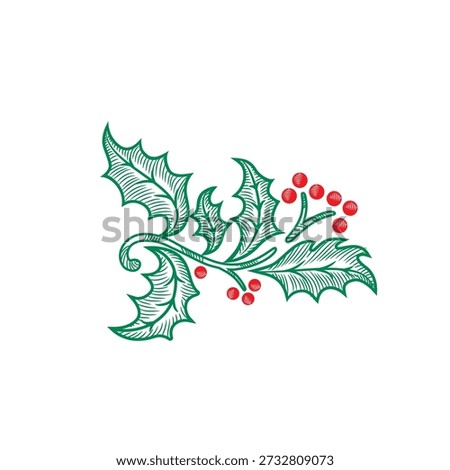 Christmas holly berry leaves. Vector illustration. Holly berry leaves Christmas icon. Engraving style vector illustration.