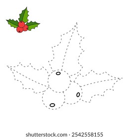 Christmas Holly Berry mistletoe coloring pages for kids. Trace and color Christmas Holly Berry. Leaves of mistletoe with berries isolated on white background. Holly winter plant with berries Vector.