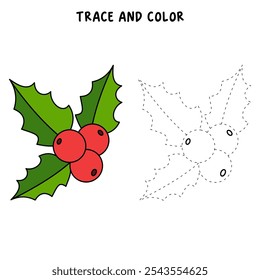 Christmas Holly Berry mistletoe coloring pages for kids. Trace and color Christmas Holly Berry. Leaves of mistletoe with berries isolated on white background. Holly winter plant with berries Vector.