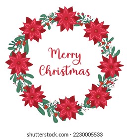 Christmas holly berry mistletoe cute wreath with poinsettia - Christmas star winter flower in simple flat drawn style. Traditional festive greeting card laurel with text Merry Christmas.