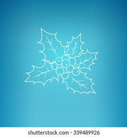Christmas Holly  Berry on a Blue Background, Christmas Decorations,  Drawing in Linear Style , Vector Illustration
