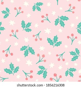 Christmas Holly And Berry Pattern Background. Cute Seasonal Vector Seamless Repeat Hand Drawn Illustration. Festive Design With Foliage And Star Shapes.