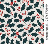 Christmas holly berry seamless pattern. Xmas hand drawn floral Scandinavian print for textile, wrapping paper, Christmas decorations. Nordic naive florals in simple winter ornament.
