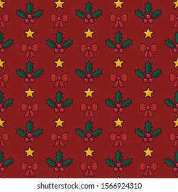 Christmas holly berry seamless pattern. Stars, bows and holly on red background