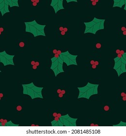 Christmas Holly berry seamless pattern. Festive plants in flat cartoon style. Decoration on dark green background. Christmas, new year holiday celebration symbol.